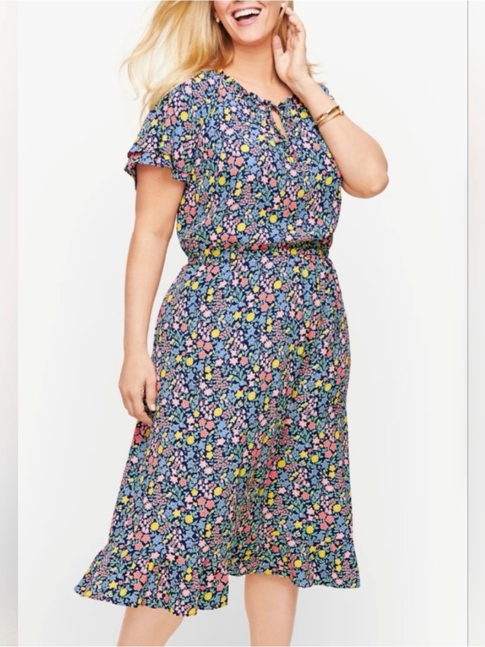 Talbots Navy Floral Midi Dress with Pink & Yellow Blossoms